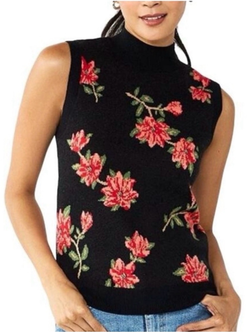 Draper James Black Sleeveless Knit Sweater with Red Floral Embroidery